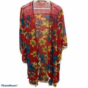 Kori Size XL Cardigan Kimono Red Floral Open Front Lace Pom‎ Pom Detail Women's